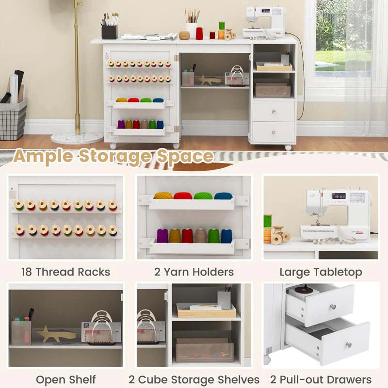 Folding Sewing Machine Table with Charging Station, Rolling Sewing Cabinet Craft Table with Storage - Product image 4