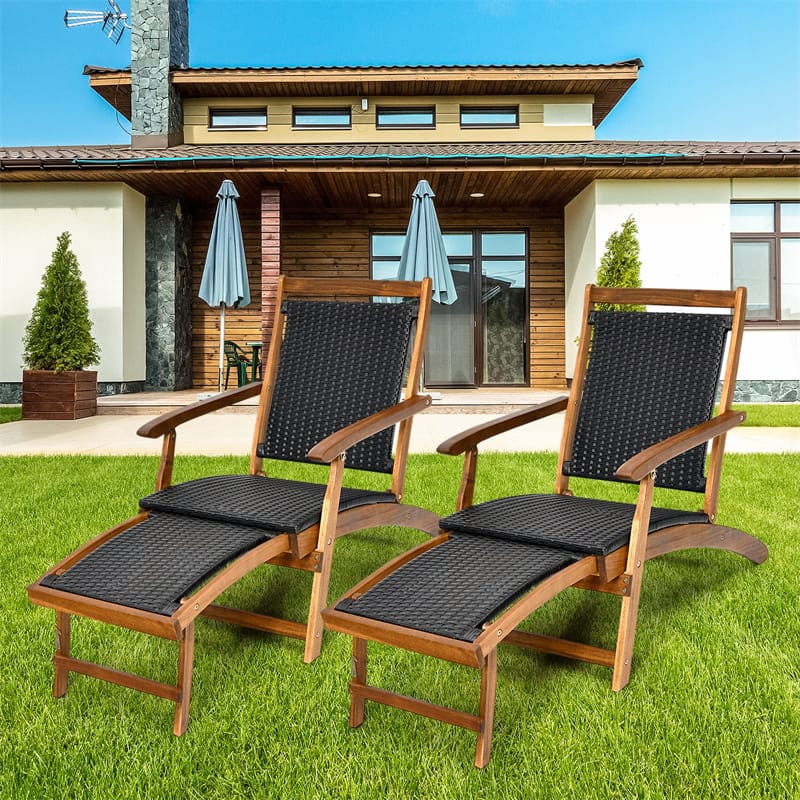 3-Piece Patio Lounge Chair Set, Acacia Wood Rattan Wicker Folding Chaise Lounge with Retractable Ottoman & - Product image 11
