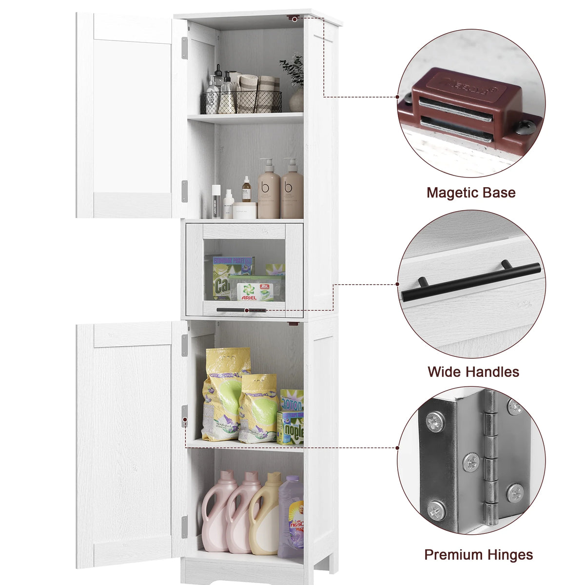 Bathroom Cabinet, Tall Storage Cabinet with Doors and Adjustable Shelf, Freestanding Floor Pantry Cabinet for Kitchen, Living Room, Laundry Room, Home Office